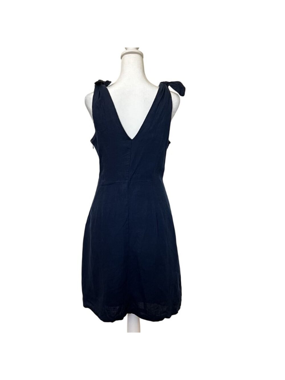 Gap Navy Linen Midi Dress Tie Shoulder Deep V Preppy Coastal Resort - Picture 4 of 11